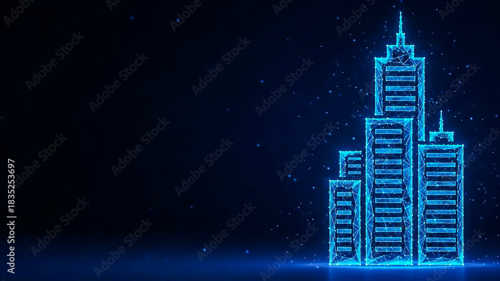 Fototapeta premium Abstract low-poly digital cityscape formed by interconnected lines and glowing blue nodes, symbolizing smart city development, innovation, and future architecture.