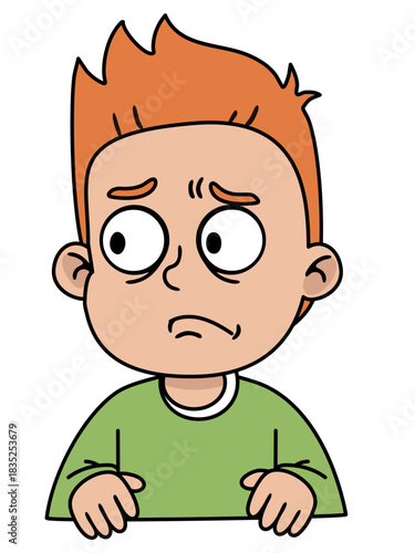 Cartoon boy with orange hair and wide eyes looking worried, upset or nervous in an illustration for child education.