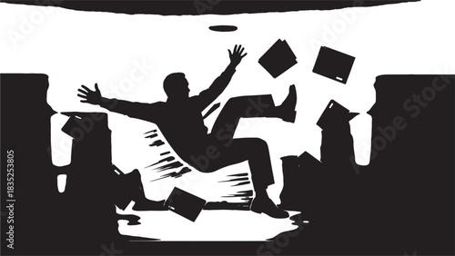 Dramatic business collapse illustration of a man falling surrounded by paperwork, showing failure and economic downturn, a stark visual metaphor for financial crisis