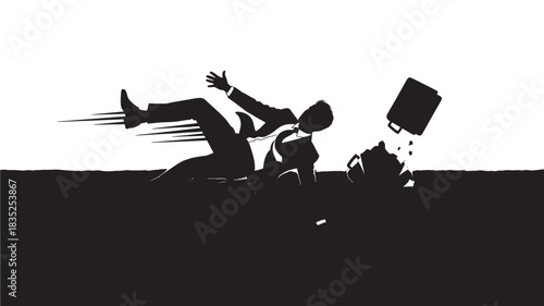Businessman dramatically failing with flying briefcase in stark contrast, offering a powerful visual metaphor for setbacks, financial loss, or comedic misfortune in business