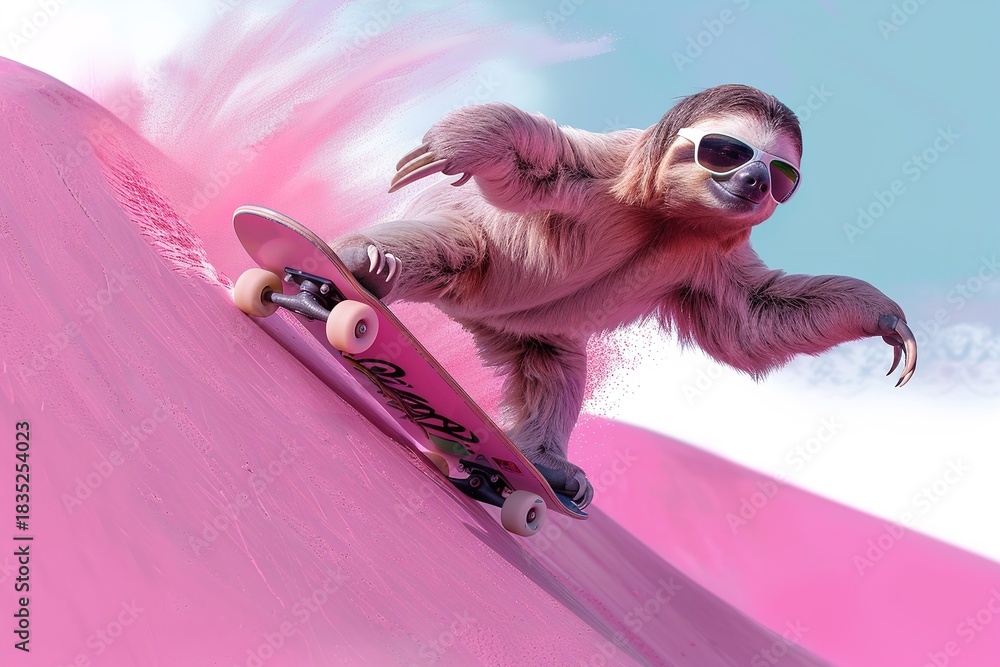 Obraz premium A sloth wearing sunglasses skates down a steep hill on a skateboard. The hill features vibrant colors, creating a playful scene. It is an amusing moment in a lively setting