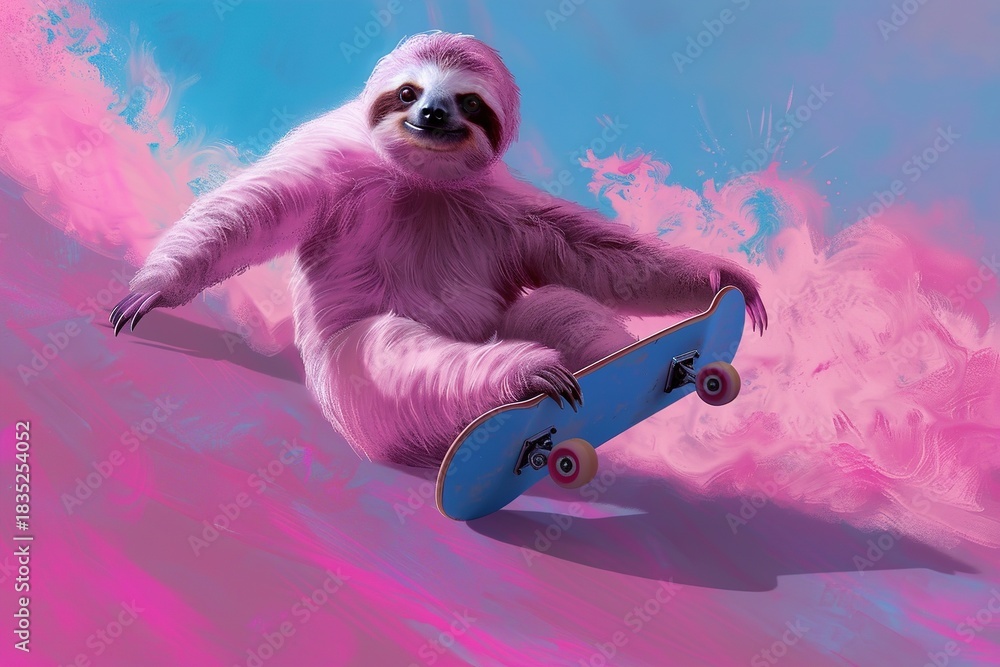 Obraz premium A sloth with a unique style balances on a skateboard as it descends a steep hill. Bright colors fill the background under a clear sky and the sun shines down