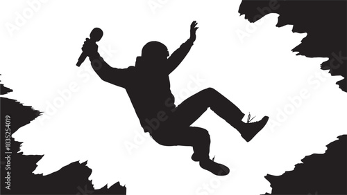Energetic performer falling backwards with microphone in hand, dynamic silhouette against stark white backdrop for edgy creative concepts, representing chaos, failure, or dramatic scene