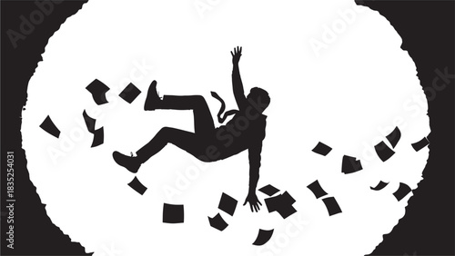 Dramatic silhouette of a businessman falling amidst flying papers, symbolizing business failure and financial crisis, conveying feelings of stress, anxiety and career uncertainty