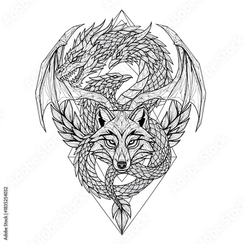 Intricate black and white illustration of a majestic dragon, a cunning fox, and a serpent intertwined within a complex geometric sacred shape, symbolizing power, wisdom, and primal nature