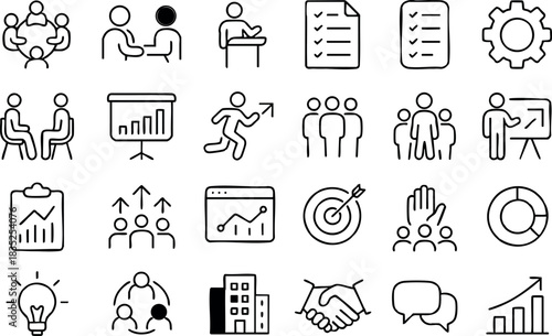 Minimalist line art twenty four icon grid showing business teamwork and presentation symbols in thin black strokes with centered layout and flat monochrome lighting clean vector