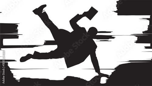 Dynamic silhouette of a breakdancing businessman in mid-air with a notebook, conveying energy and unconventional success, perfect for innovative business concepts and creative leadership visuals