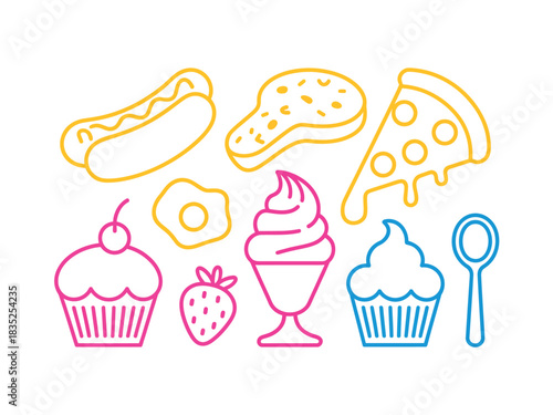 A vibrant collection of colorful line art icons depicts various popular foods including a hot dog, steak, pizza, fried egg, cupcake, strawberry, ice cream sundae, and a spoon.