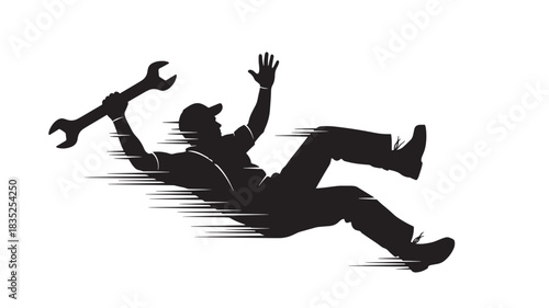 Dynamic silhouette of a mechanic falling with a wrench, conveying speed and motion, great for automotive repair, construction, or urgent service themes, ideal for logos