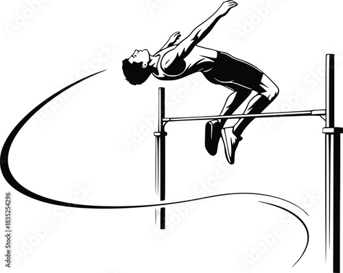 Black and White Vector Icon of High Jumper Performing Fosbury Flop Representing Athletic Skill and Precision

