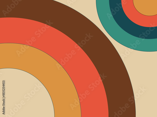 An abstract background features concentric circles and arcs in warm, retro colors like brown, orange, and teal.