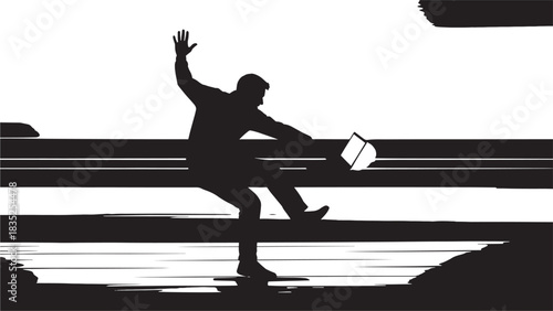 Frustrated businessman losing balance with laptop in hand, a moment of unexpected failure, symbolizing risk, challenge, and the unpredictable nature of modern business