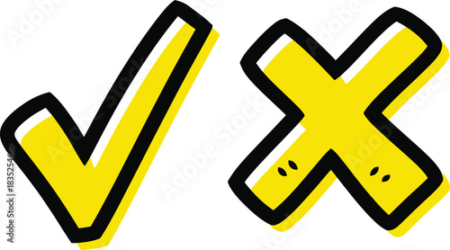 Yellow Check Mark and X Mark with Black Outline on a White Background Isolated