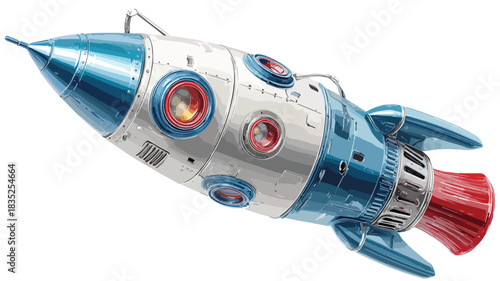 Blue and Silver Rocket with Red and Blue Light Vector Illustration