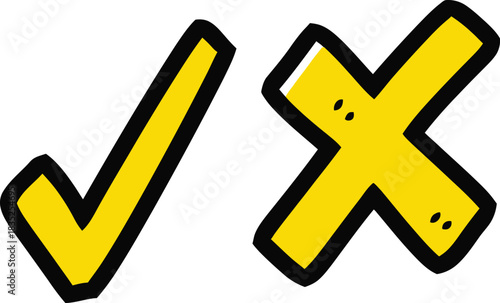 Yellow Tick and Cross Symbols with Black Outline on a White Background