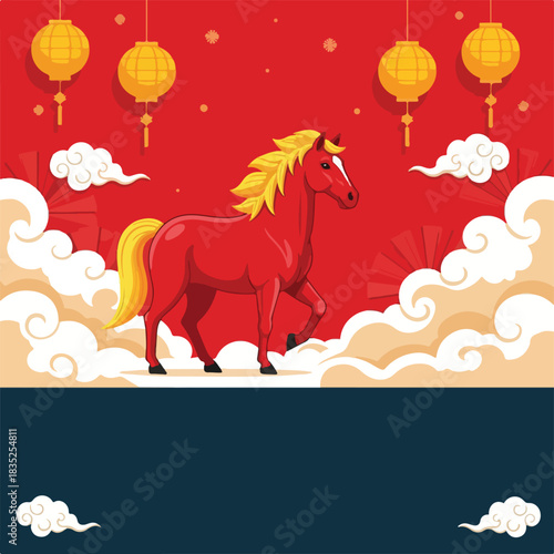 Red Horse illustration with Chinese lanterns and clouds, symbolizing good fortune and prosperity, perfect for Lunar New Year celebrations and artistic backgrounds