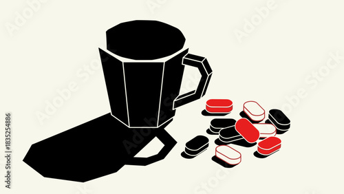 Throat lozenges scattered near a mug with shadow on a plain background