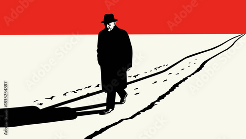 Old man walking on snowy path with solemn expression against red background