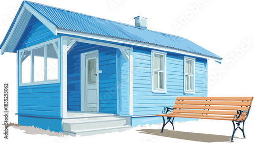 Modern Building with Blue Roof and Bench, Vector Illustration