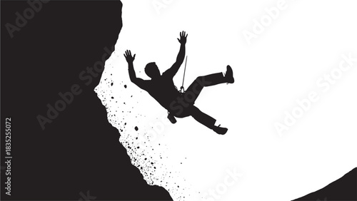 Dynamic silhouette of a rock climber falling with arms raised, showcasing risk, determination, and the thrill of extreme sports with a stark black and white aesthetic for impactful visuals