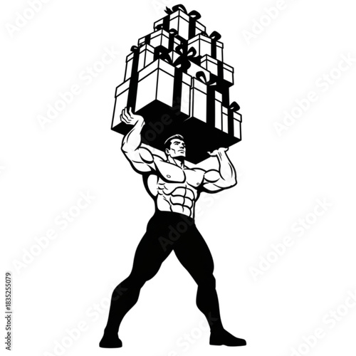 Strong muscular bodybuilder lifting a large stack of gift boxes.