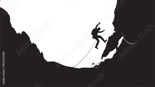 Feel the rush of adventure with this silhouette of a daring climber rappelling down a steep cliff, embodying strength, resilience, and the pursuit of thrilling outdoor experiences