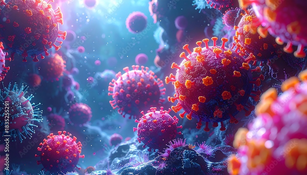 Naklejka premium Microscopic view of vibrant red and orange coronavirus particles in a blue biological environment, illustrating viral infection and disease.