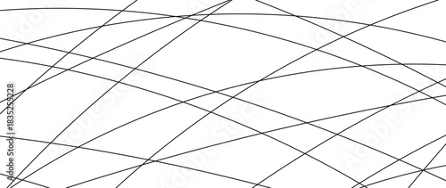 Dynamic abstract background featuring a complex web of intersecting black lines on a pristine white canvas, perfect for modern design and technology themes.