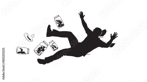 Man dramatically falling backwards as jars spill open, a moment of chaos and surprise, perfect for illustrating accidents, mishaps, or a humorous take on unfortunate events
