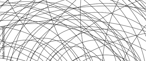 Dynamic black lines and arcs crisscross on a white canvas, forming a complex, abstract, and modern geometric background perfect for design projects.