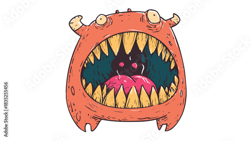 Fierce Monster Cartoon Character with Sharp Teeth and Big Mouth Illustration