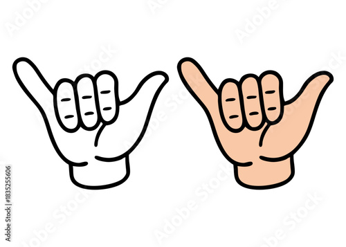 Logo club de surf. Dibujo sencillo con líneas de mano con señal shaka. Mano con símbolo hang loose
