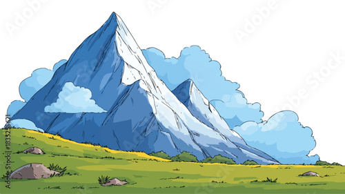 Cartoon Mountain with Blue Sky and Green Grass Illustration