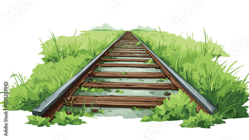 Scenic Cartoon Illustration of Railroad Track in Green Field