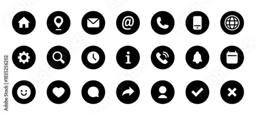 Black circle UI icons. Solid home, location, mail, phone, user, chat, settings and other interface elements in round shape vector illustration. Essential navigation tools for apps sign and modern web.