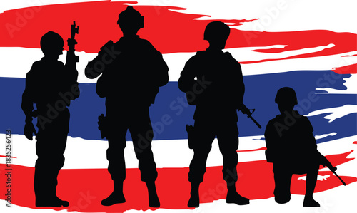 Silhouette of soldiers with rifles against a Thai flag vector illustration for military and patriotic themes isolated on white background