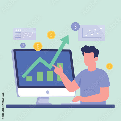 Happy Investor Analyzing Rising Digital Market Chart on Computer