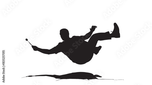 Silhouette of a man falling backward while holding a microphone, perfect for expressing surprise, shock, or sudden realization in a striking and dynamic visual concept