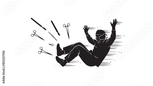 Medical professional falls with surgical tools in dramatic silhouette expressing workplace stress and burnout in the demanding healthcare environment, use for safety campaign