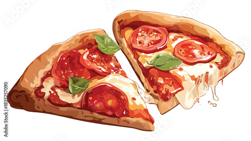 Delicious Pizza with Fresh Tomato and Pepperoni Slice, Food Illustration