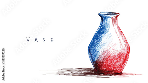 Vivid Red and Blue Vase Drawing with Elegant Typography