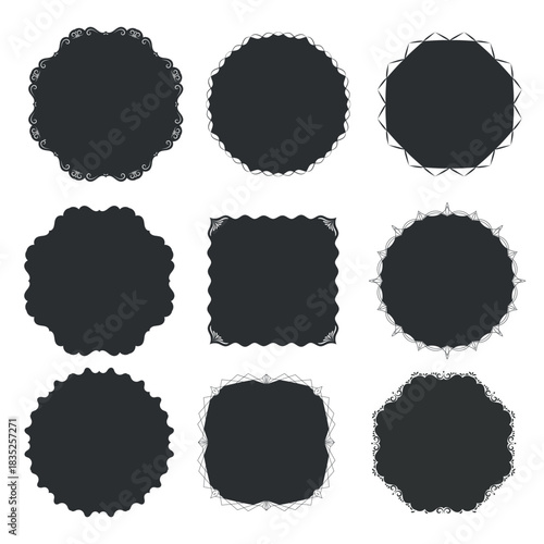Set of decorative black silhouette frames in various shapes. Collection of elaborate Rounded and oval frames with decorative swirls for vintage design, invitations, announcements, photographs