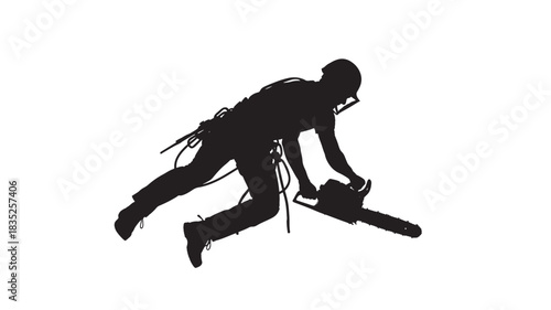 Skilled arborist expertly using chainsaw for tree trimming in a dynamic silhouette, showcasing professional forestry work and outdoor tree care services, suitable for environmental projects