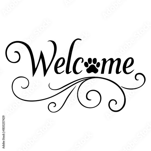 Texto manuscrito Welcome con florituras de adorno y silueta de zarpa de perro o gato en lugar de letra O