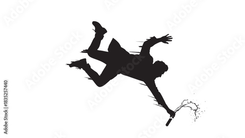 Dramatic silhouette of a man falling with a splash effect holding a test tube, conveying science, danger, or a surreal dreamlike state in a modern abstract style