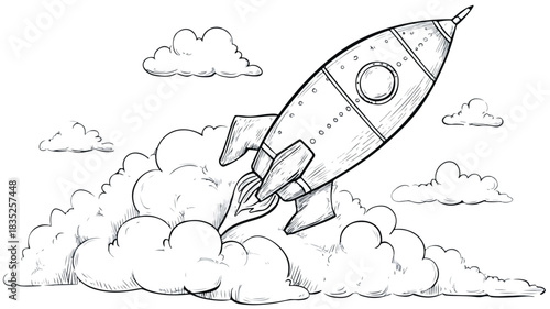 Rocket Illustration with Bold 'Rocket' Word on Vector Background