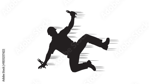 Dramatic silhouette of construction worker falling with tools creates a sense of workplace danger and accident risk, perfect for safety awareness campaigns and training visuals