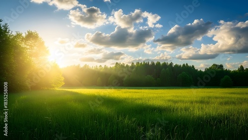 Fototapeta Naklejka Na Ścianę i Meble -  Golden sunbeams illuminate a lush green meadow with a dense forest backdrop and dramatic clouds perf