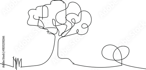 Single line art abstract tree illustration. A minimalist continuous line drawing of an abstract tree, showcasing organic form and simplicity in a clean art style.