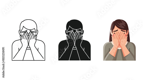Set of three illustrations showing a person covering their face with hands, expressing sadness, crying or shame